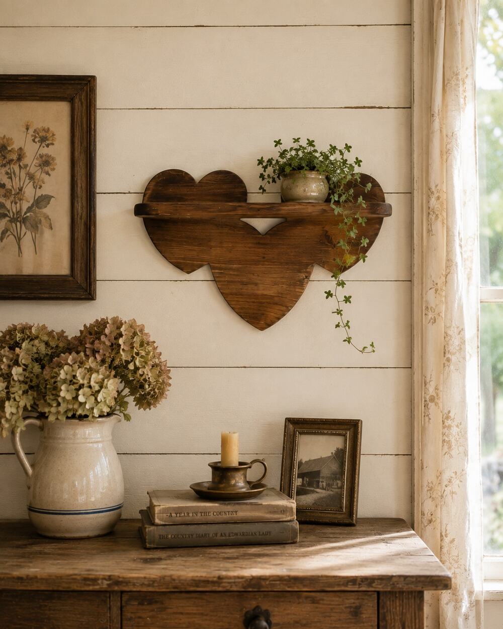 Vtg Wooden Tripple Heart Wall Shelf 70s 80s Handmade Country Farmhouse Cottage
